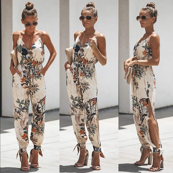 Pants - White Floral Jumpsuit